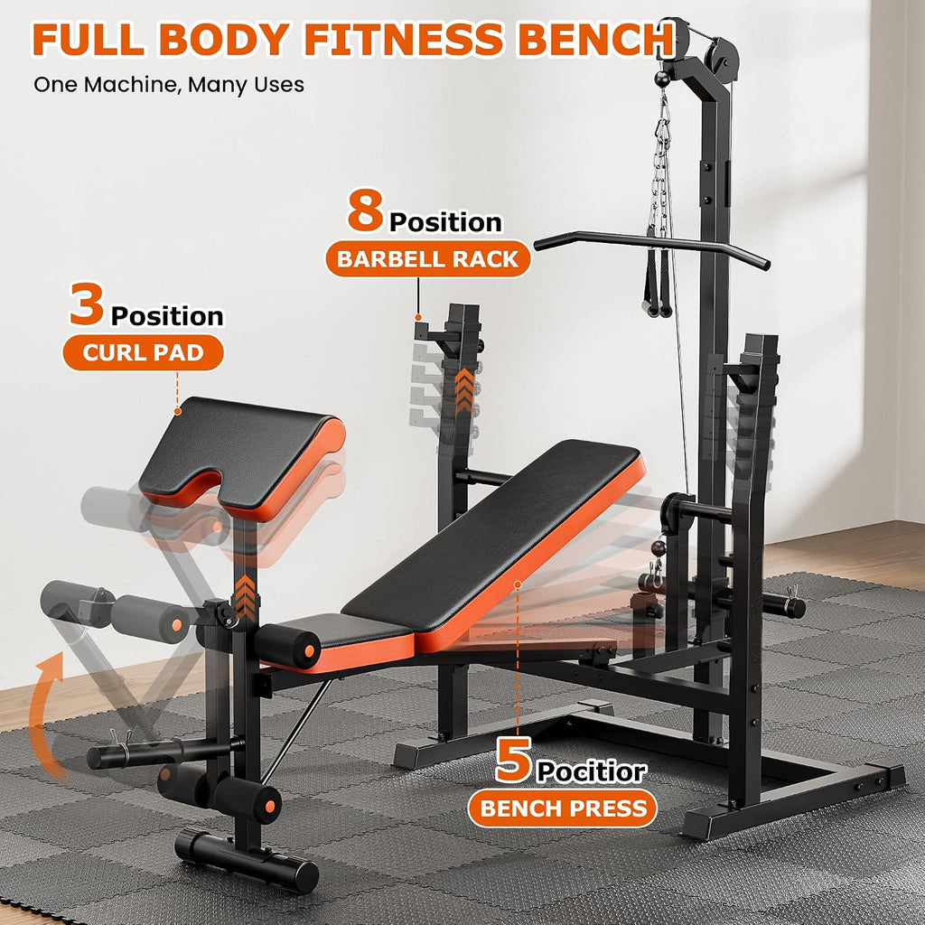 9-in-1 Olympic Weight Bench with Lat Pulldown & Squat Rack