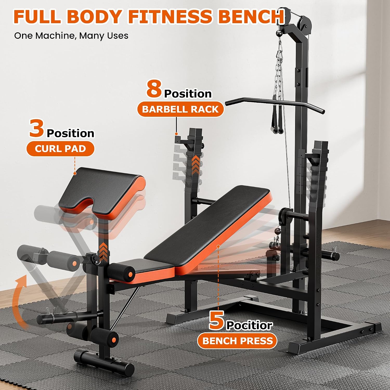 9-in-1 Olympic Weight Bench with Lat Pulldown & Squat Rack
