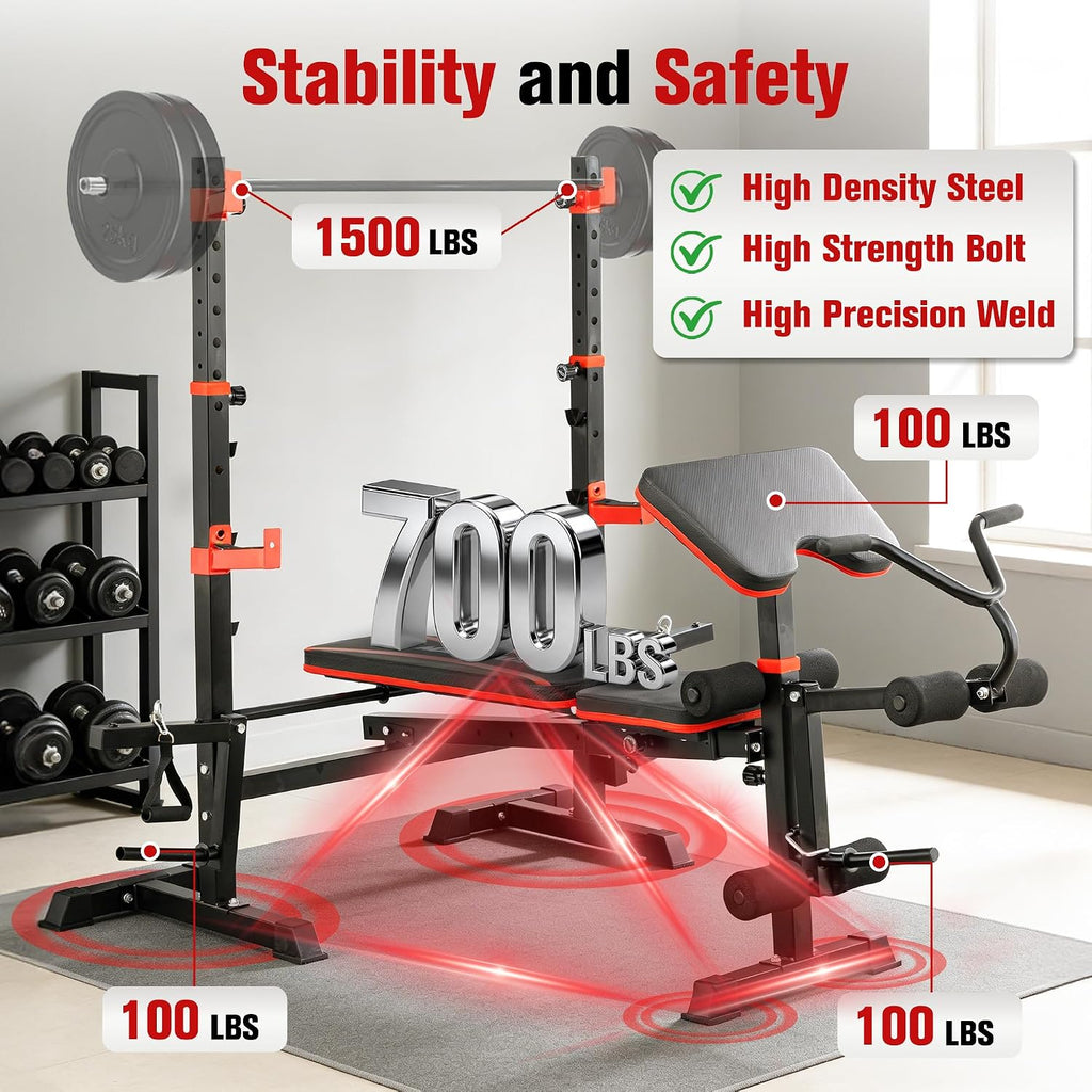 8-in-1 Foldable Weight Bench with Squat Rack