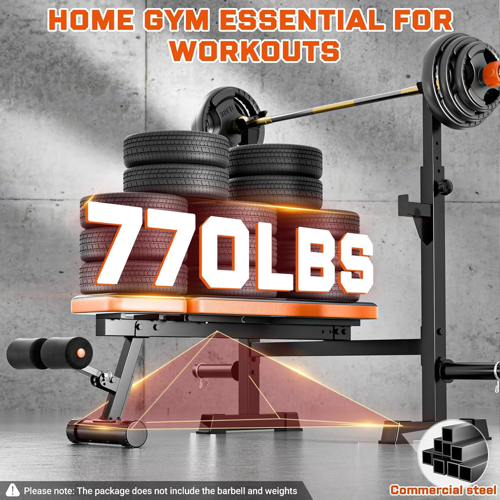 770LBS Adjustable Weight Bench with Squat Rack