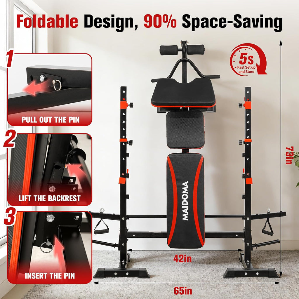8-in-1 Foldable Weight Bench with Squat Rack