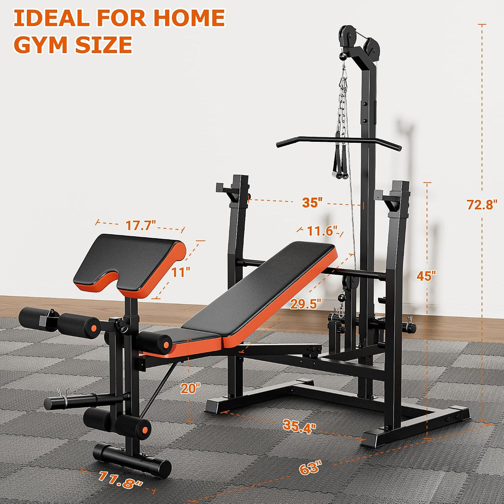 9-in-1 Olympic Weight Bench with Lat Pulldown & Squat Rack