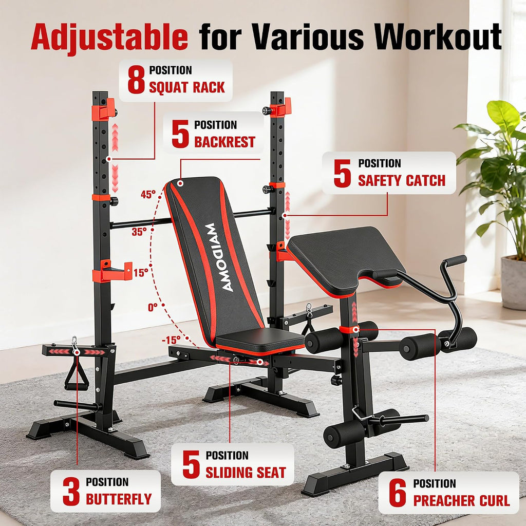 8-in-1 Foldable Weight Bench with Squat Rack